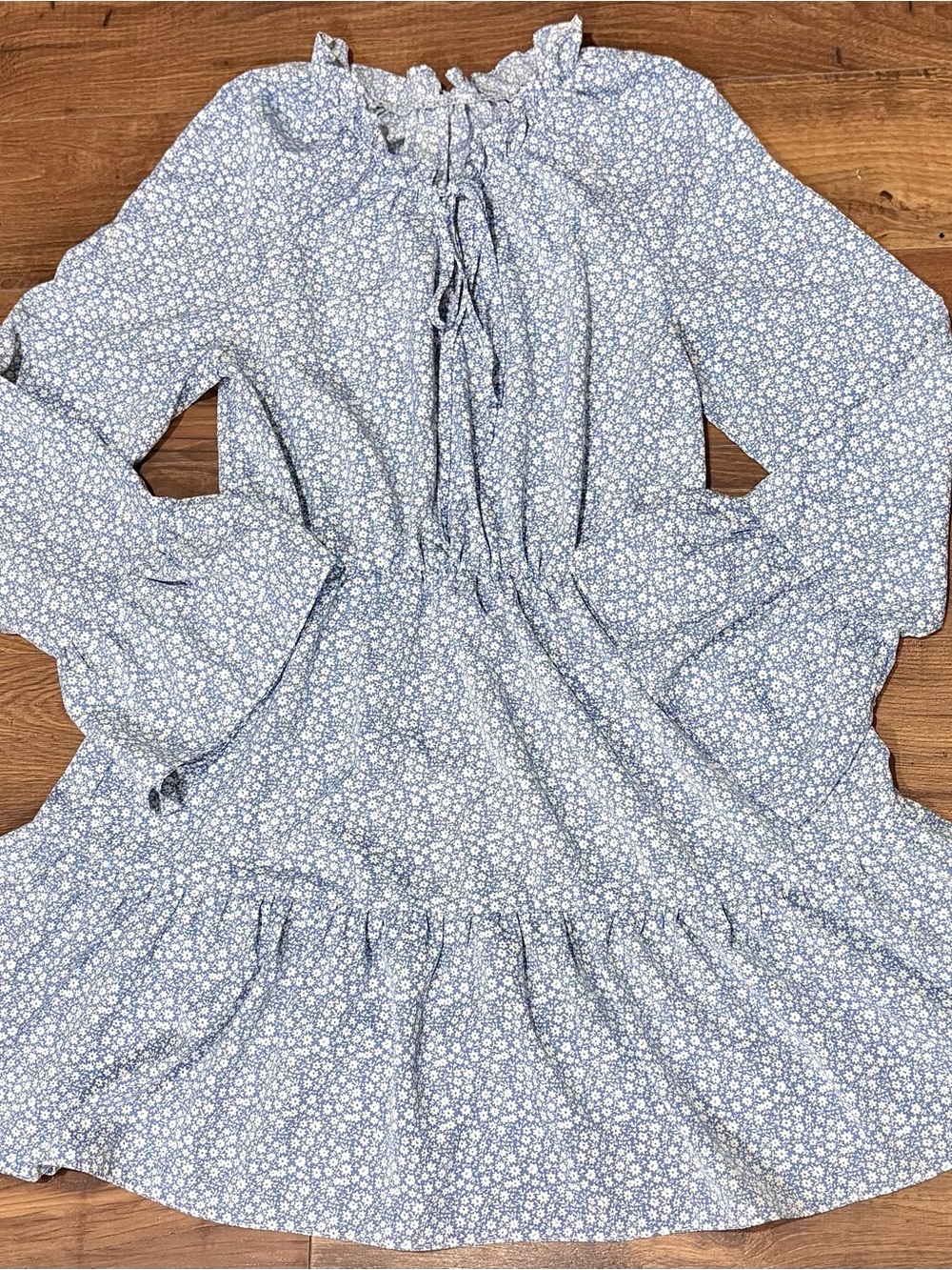 SHEIN Light Blue Floral Ruffle Long Sleeve Dress